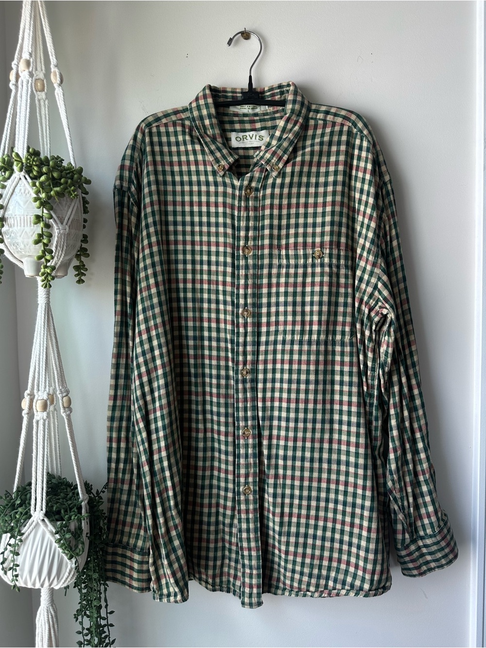 Orvis Green Cream and Red Plaid Button-Down Shirt